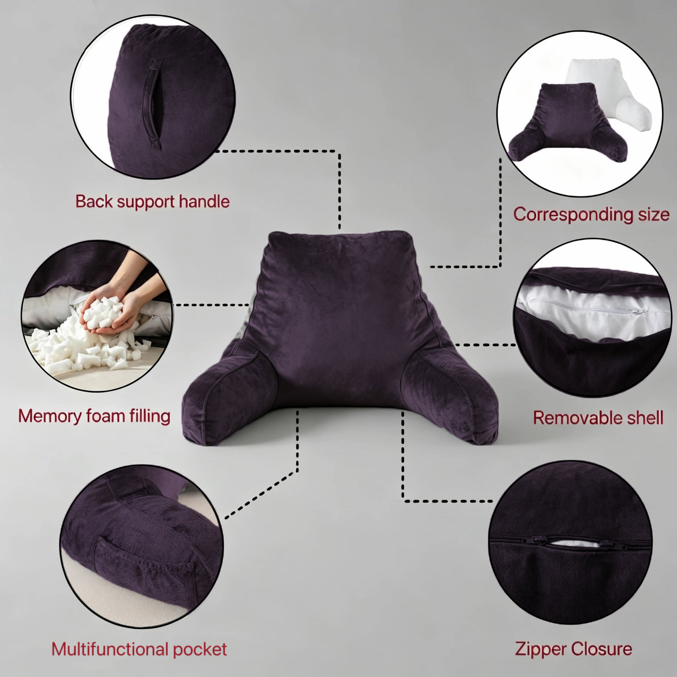 Bedtreat Backrest Reading Pillow, Back Support Pillow with Handrail, Detachable on Both Sides, Specially Designed for Reading and Relaxation（Amethyst)