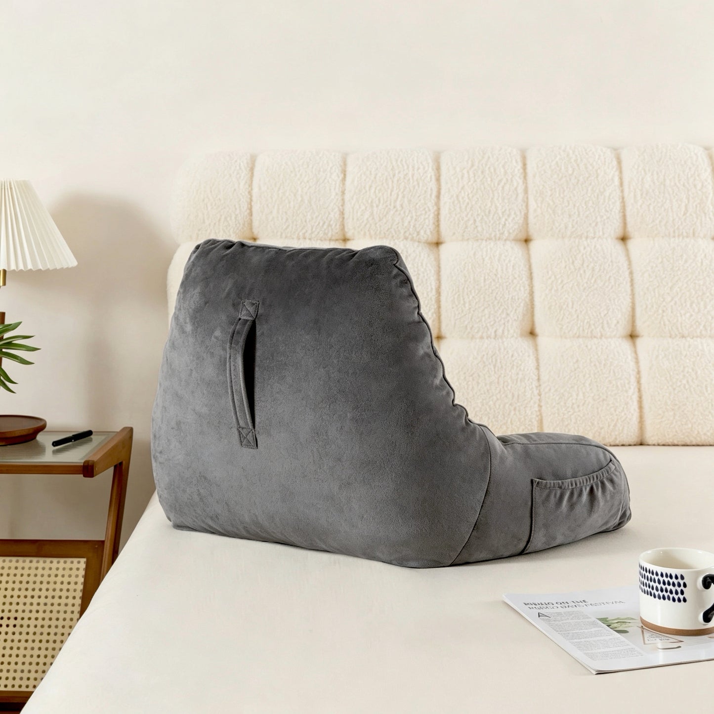 Bedtreat Backrest Reading Pillow, Back Support Pillow with Handrail, Detachable on Both Sides, Specially Designed for Reading and Relaxation（Silver)