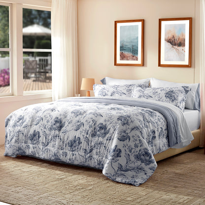 Bedtreat Comforter Sets,7-Pieces Reversible Bedding Sets,Bed in a Bag with Comforter,Flat Sheet and Fitted Sheet,Pillowcases & Shams,Lisse,Blue Mirage