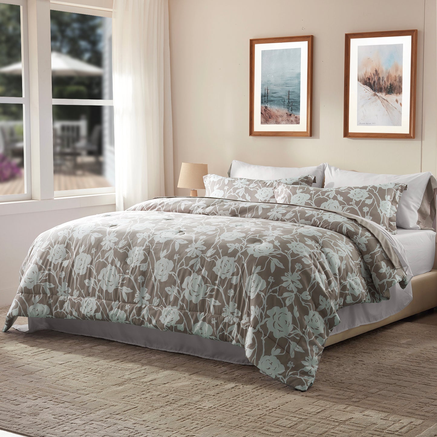 Bedtreat Comforter Sets,7-Pieces Reversible Bedding Sets,Bed in a Bag with Comforter,Flat Sheet and Fitted Sheet,Pillowcases & Shams,Shangri-La,Cobblestone