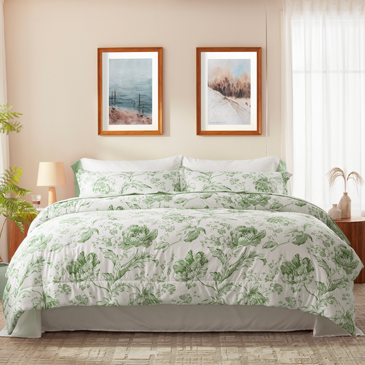 Bedtreat Comforter Sets,7-Pieces Reversible Bedding Sets,Bed in a Bag with Comforter,Flat Sheet and Fitted Sheet,Pillowcases & Shams,Lisse,Tulip Sea