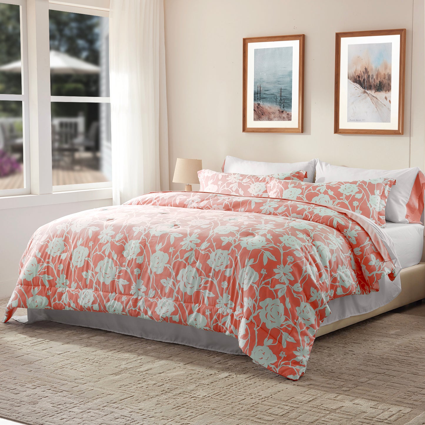 Bedtreat Comforter Sets,7-Pieces Reversible Bedding Sets,Bed in a Bag with Comforter,Flat Sheet and Fitted Sheet,Pillowcase & Sham,Shangri-La,Honeyed Apricot
