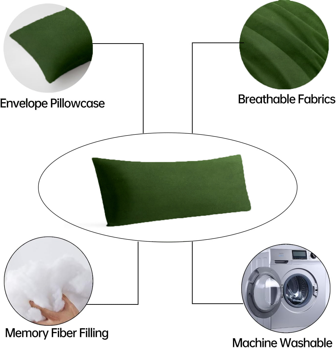 BedTreat Full Body Pillow Insert with Pillowcase for Adults,Long&Fluffy Pillow for Side Sleeper,Soft&Breathable (20X54,Green)