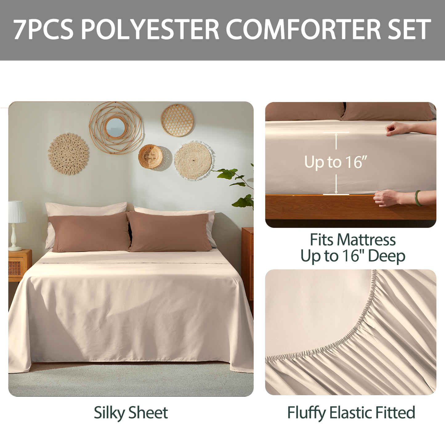 Bedtreat Comforter Sets，7-Pieces Reversible Bedding Sets，Bed in a Bag with Comforter， Flat Sheet and Fitted Sheet, Pillowcases & Shams，Coffee/Sand Dollar