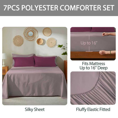 Bedtreat Bedding Comforter Sets，7-Pieces Reversible Bedding Sets，Bed in a Bag with Comforter， Flat Sheet and Fitted Sheet, Pillowcases & Shams，Burnished Lilac/Amaranth