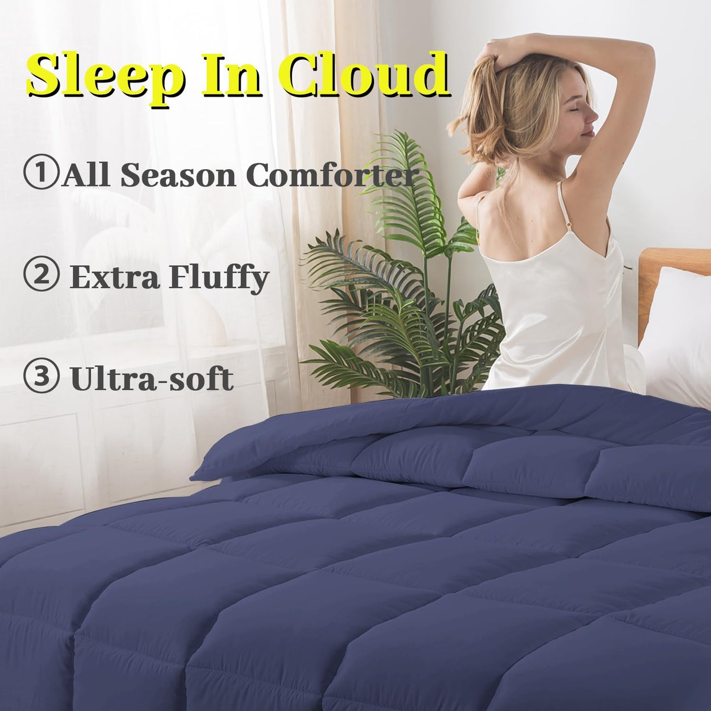 BedTreat Down Alternative Comforter with Corner Tabs - All Season Quilted 240 GSM Blue Comforter, Machine Washable Microfiber Bedding