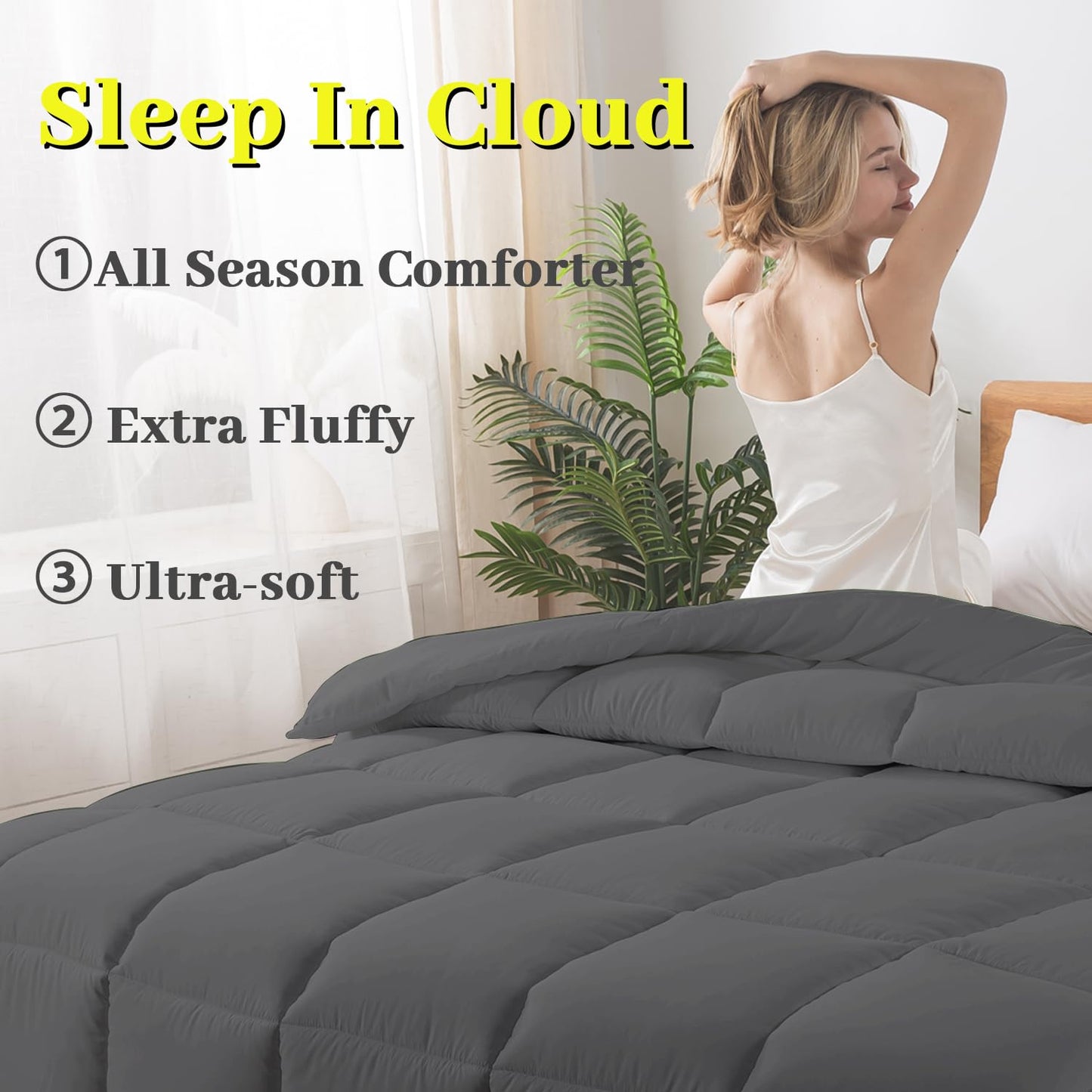 BedTreat Down Alternative Comforter with Corner Tabs - All Season Quilted 240 GSM Grey Comforter, Machine Washable Microfiber Bedding