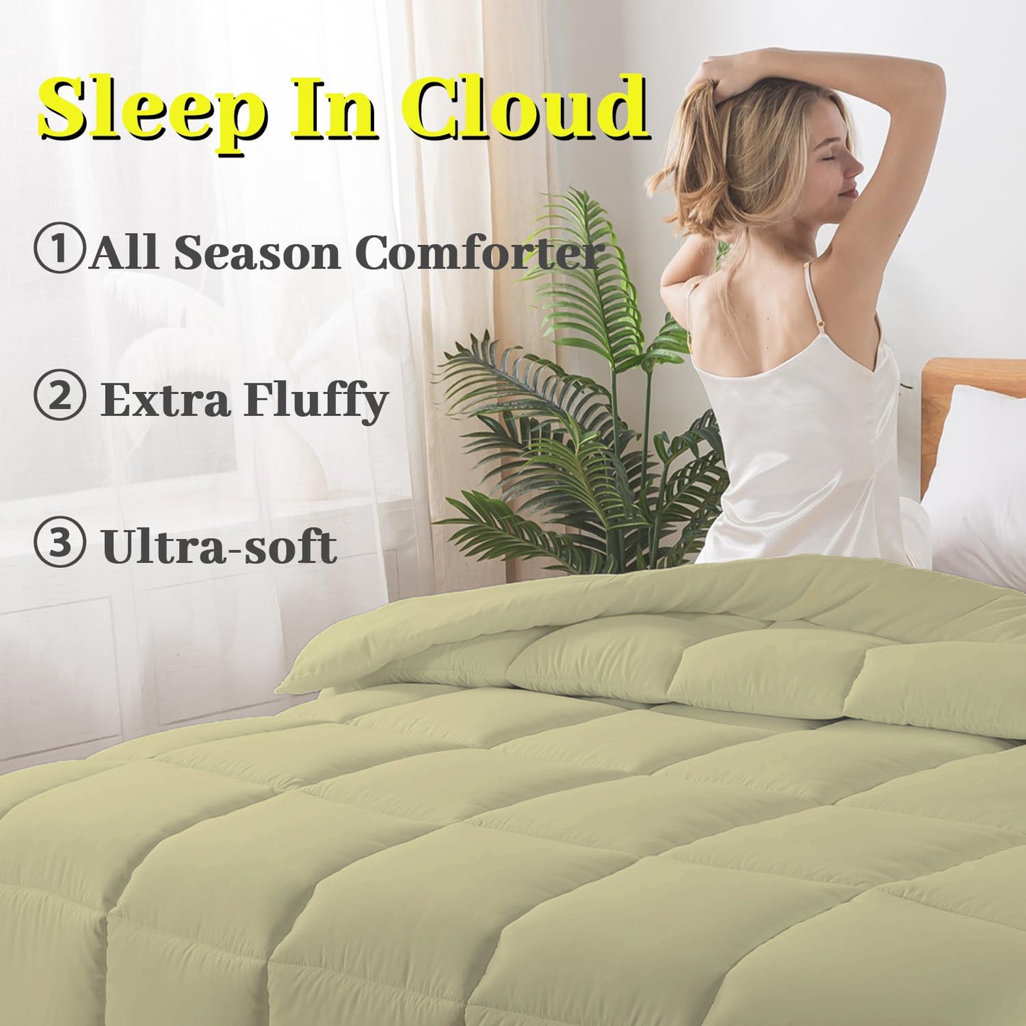 BedTreat Down Alternative Comforter with Corner Tabs - All Season Quilted 240 GSM Light Green Comforter, Machine Washable Microfiber Bedding