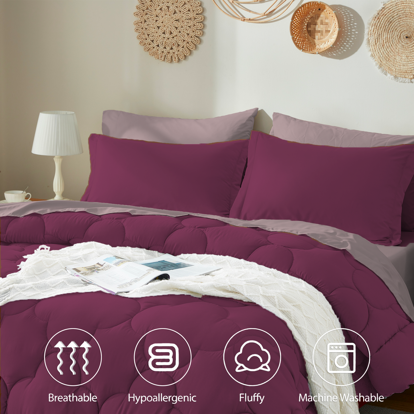 Bedtreat Bedding Comforter Sets，7-Pieces Reversible Bedding Sets，Bed in a Bag with Comforter， Flat Sheet and Fitted Sheet, Pillowcases & Shams，Burnished Lilac/Amaranth