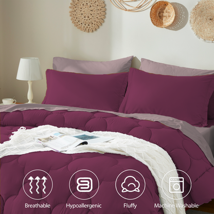 Bedtreat Bedding Comforter Sets，7-Pieces Reversible Bedding Sets，Bed in a Bag with Comforter， Flat Sheet and Fitted Sheet, Pillowcases & Shams，Burnished Lilac/Amaranth