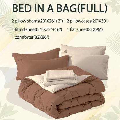 Bedtreat Comforter Sets，7-Pieces Reversible Bedding Sets，Bed in a Bag with Comforter， Flat Sheet and Fitted Sheet, Pillowcases & Shams，Coffee/Sand Dollar