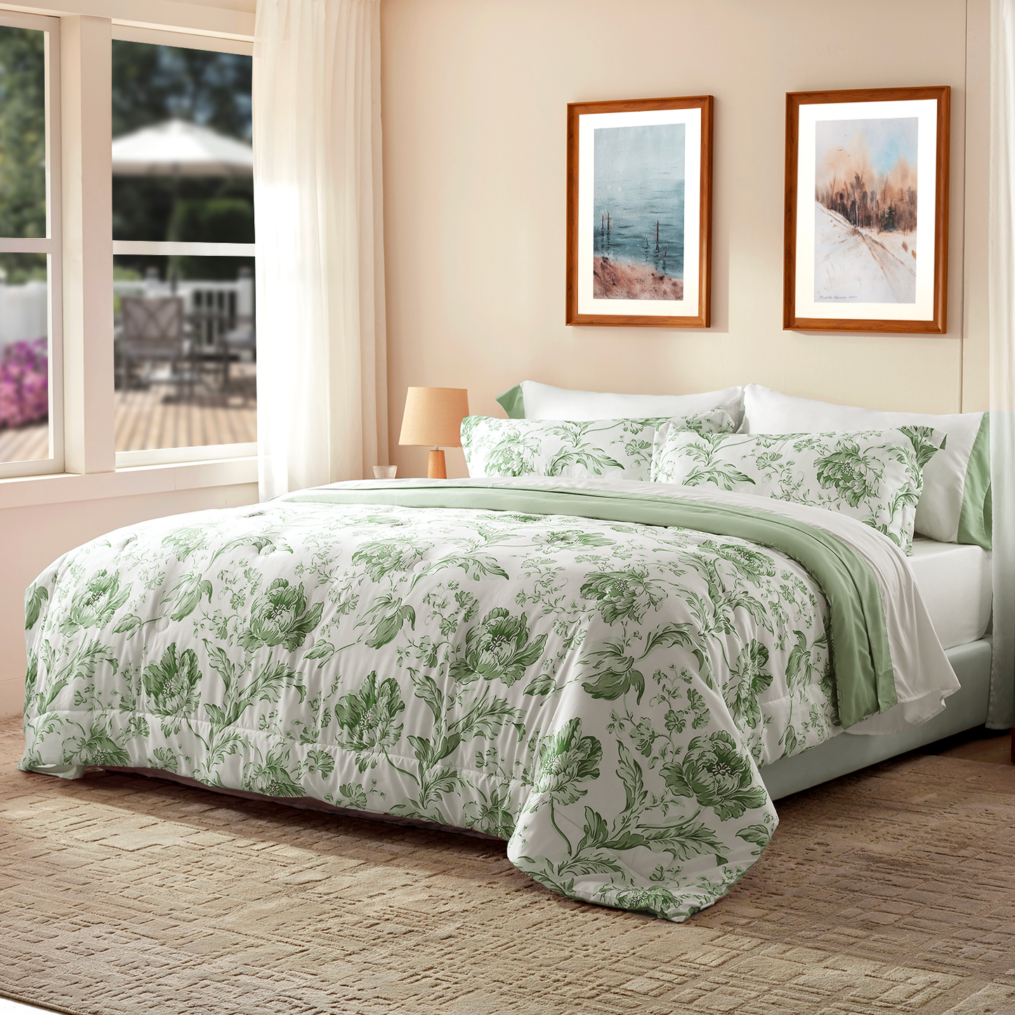 Bedtreat Comforter Sets,7-Pieces Reversible Bedding Sets,Bed in a Bag with Comforter,Flat Sheet and Fitted Sheet,Pillowcases & Shams,Lisse,Tulip Sea
